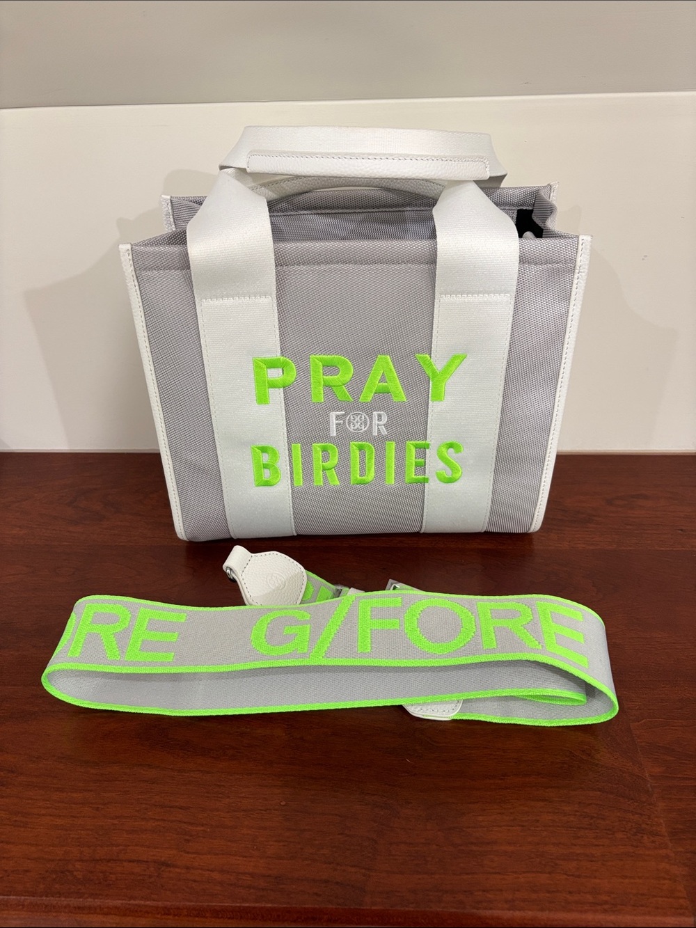 G/FORE Gray and Neon Green 'Pray for Birdies' Satchel Tote